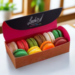 Box of 10 freshly baked macarons. Free delivery for online purchases.