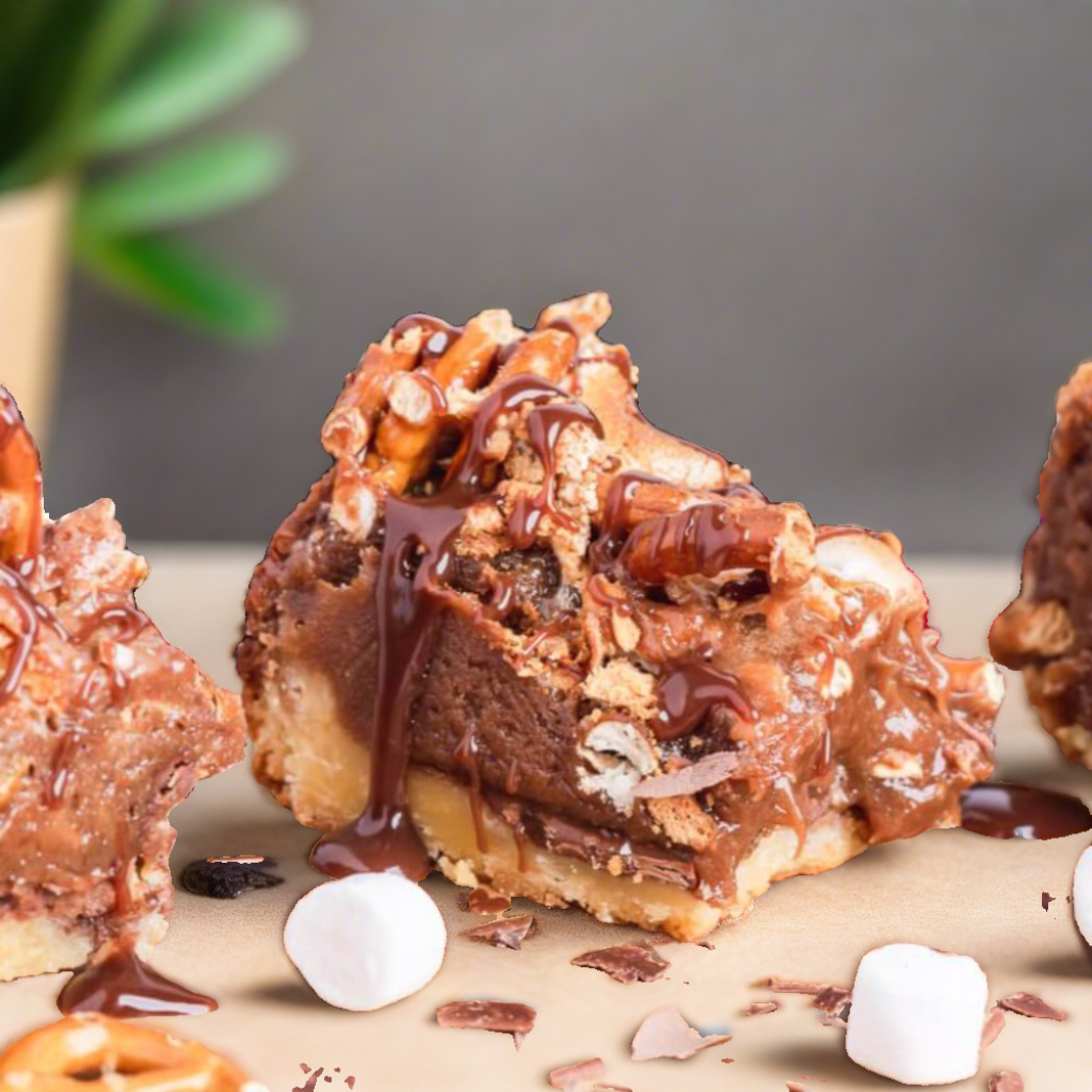 Delicious Brookie Bites for delivery in Dubai. Cookie layer topped with fudge and salted pretzels and toasted marshmallow. Brownie delivery in dubai. Order online for deliveries in Dubai