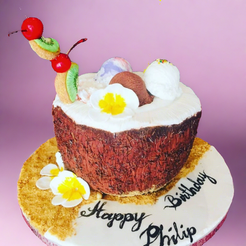 coconut shaped birthday cake for delivery in Dubai. Best customized birthday cakes.