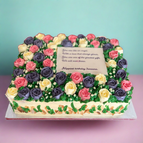 Floral buttercream custom cake with edible print