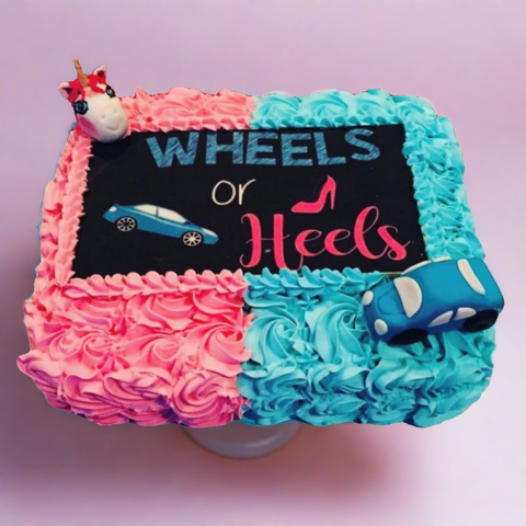 Wheels or Heels gender reveal cake