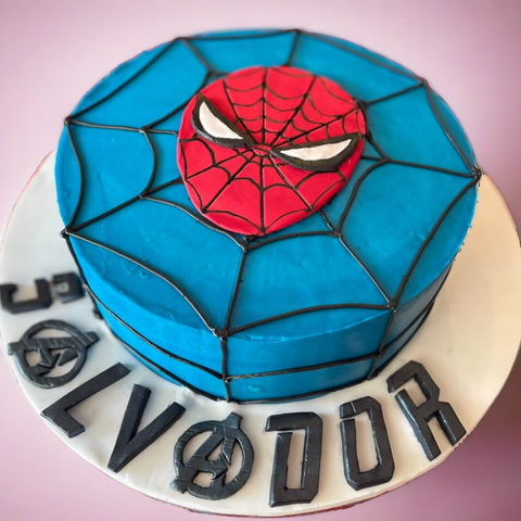Spiderman cake for birthday with Spiderman mask and birthday name. 